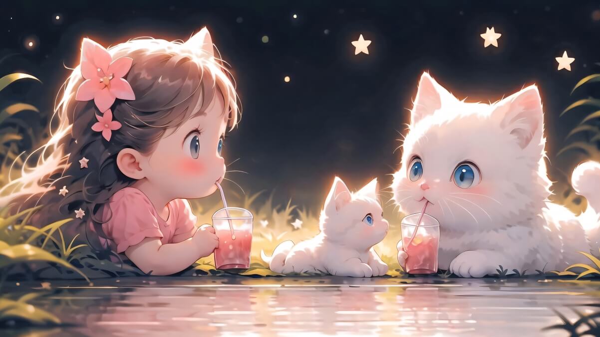 《一起喝果汁喵》小猫 女孩 画师：炼丹 4K高清无水印壁纸