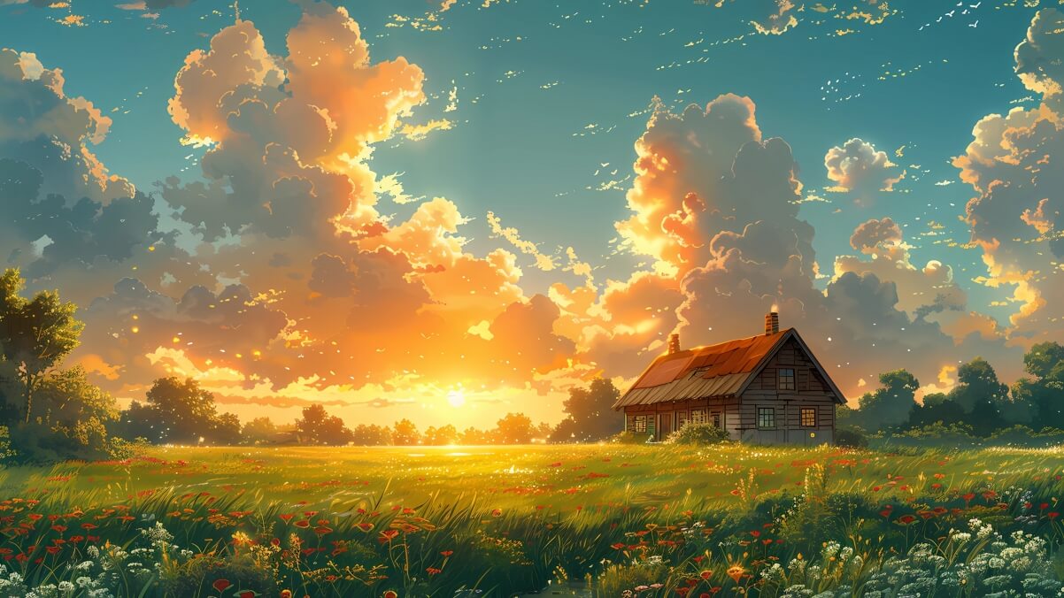 房子 鲜花 天空 白云 夕阳 4k风景壁纸