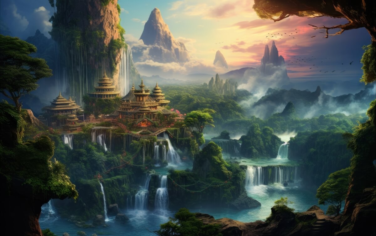 山脉和瀑布 仙境 梦幻 唯美风景 5k壁纸